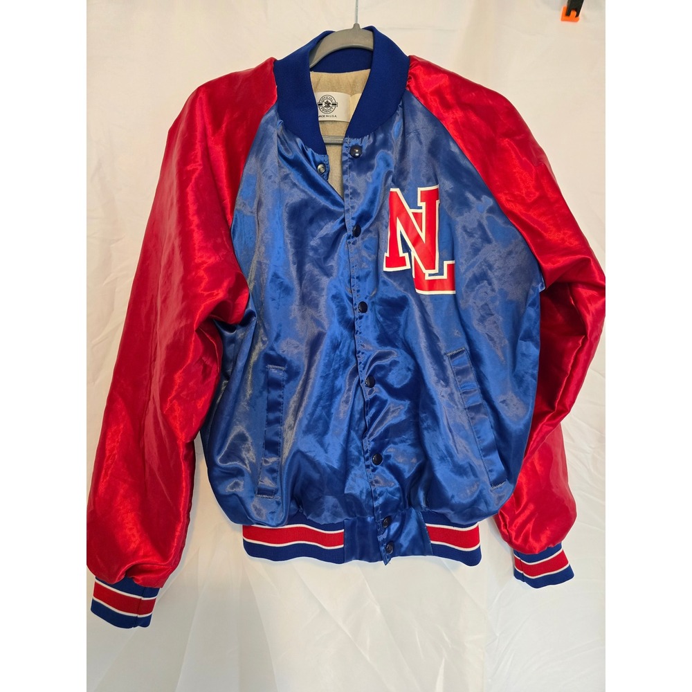 Vintage Natural Light Beer Satin Bomber Jacket Red Blue "NL" Logo "Made in‎ USA"